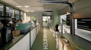 A cozy cafe interior with a green floor, walls, and potted plants, featuring chairs and a welcoming atmosphere