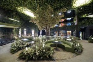 A spacious interior space with a large tree, multiple chairs, and dining tables, surrounded by benches and greenery