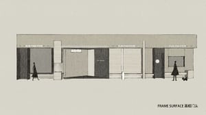 Grayscale architectural drawing of a storefront with a black doorway and window, suggesting a historical representation of a building's exterior
