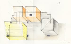Abstract representation of a modern interior space with clean lines, minimalistic elements, and neutral tones of gray, brown, and yellow, with diffused and evenly distributed lighting