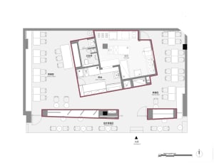 2D floor plan of a modern restaurant with various rooms and functional spaces, presented in a clean and organized manner