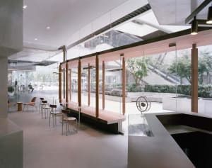 Bright and modern cafe with chairs and dining tables arranged throughout the space, surrounded by natural light from a large window