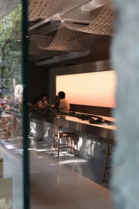 Modern restaurant interior with concrete floors and walls, featuring a bar area with seating and potted plants