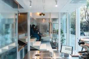 Small modern living space with white walls and floors, featuring a kitchenette, bathroom, and two potted plants, with a sink and toilet visible