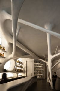 A cozy bar area with wine bottles on shelves, two people, and a relaxed atmosphere