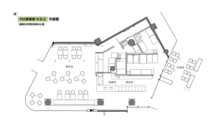 Black and white floor plan of a restaurant with clear divisions between dining area, kitchen, and service areas