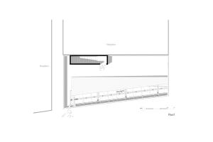 Architectural drawing of a modern rooftop balcony with a staircase and bench, featuring clean lines and minimalistic elements in a predominantly white space