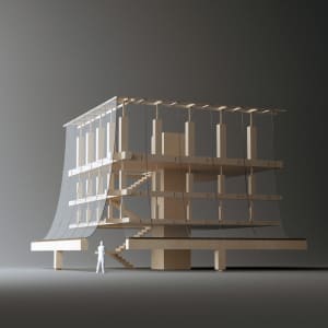 A grayscale architectural model of a house with a staircase, two people standing in the scene, and a focus on scale and precision in the design