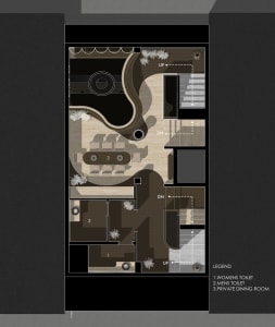 2D floor plan of a modern home with wooden floors, showcasing various rooms and well-defined spaces