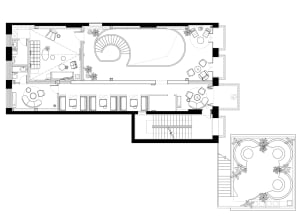 Architectural drawing of a house with a staircase, multiple chairs, and a focus on functionality and comfort