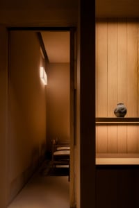 Dimly lit hallway with wooden walls and floors, featuring two chairs and a decorative vase