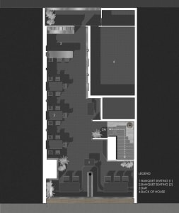 A 2D floor plan of a well-designed living space with multiple seating areas, potted plants, and a mix of linework, labels, and measurements