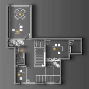 3D rendering of a modern home interior with a staircase, chairs, and a well-designed living environment