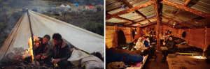 A photo of a campsite with people enjoying nature, next to a rendered wooden cabin for shelter and comfort