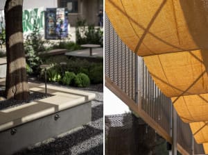 A public space with seating areas, greenery, and a patio with a dining table and chairs, featuring a mix of architectural rendering and photography