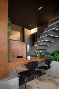 A cozy dining space with a wooden table and chairs, a potted plant, and a warm atmosphere