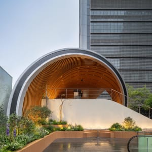 A building with a large wooden dome in front of it, surrounded by potted plants, conveying artistic expression and cultural appreciation