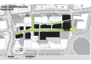 Black and white floor plan of a shopping center with various rooms and spaces, including a parking area, with natural light coming through windows or skylights