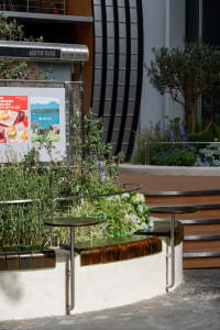 Outdoor seating area with wooden and metal benches, dining tables, and potted plants in a restaurant or cafe setting