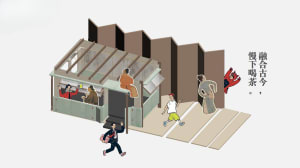 A dynamic and lively interior scene with people walking around, showcasing a mix of architectural styles and various activities
