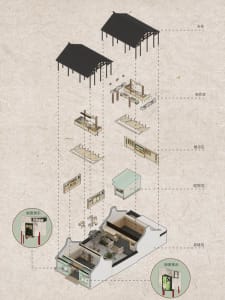 2D floor plan of a house with various rooms, clean lines, and minimalistic decoration, featuring Asian and Western design influences