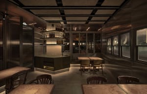 A cozy bar area with a wooden counter, multiple chairs, and wine bottles, creating a relaxed atmosphere for patrons