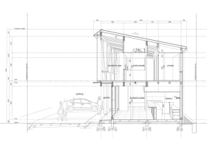 2D floor plan of a modern house with multiple rooms, kitchen, and bedrooms, featuring linework, labels, and measurements