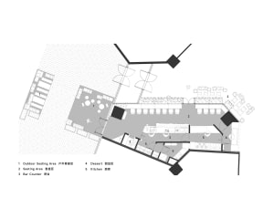 2D floor plan of a restaurant with diverse design elements, labeled rooms, and various spaces