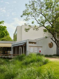 A modern building with a white facade surrounded by greenery, featuring large windows that allow natural light into the space