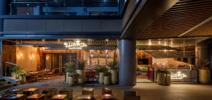 A modern Asian restaurant with a glass building, black roof, and potted plants, featuring a dining area with chairs and a TV