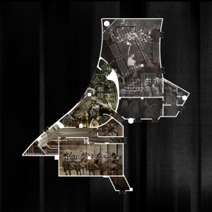 Black and white floor plan of an old-fashioned building with various rooms, including a horse stable, with clear labels and measurements