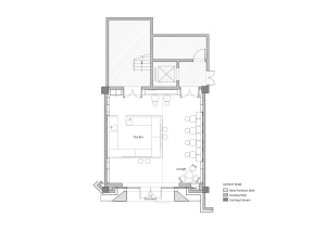 White and black floor plan of a modern building featuring a lounge area, bar, and dining room with clear labels and measurements