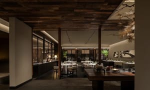 Modern restaurant interior with wooden floors, tables, chairs, and potted plants, featuring a warm and inviting atmosphere