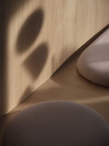 A cozy room with a wooden floor, two cushions, and a warm atmosphere
