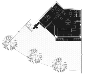 Architectural rendering of a modern interior with black and white elements, clean and organized spaces, and a focus on functionality and simplicity