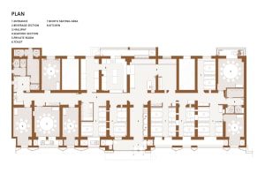 2D floor plan of a modern hotel with clean lines, simple shapes, and organized rooms and corridors