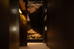 A dark and narrow hallway with a tree sculpture made of branches and leaves, surrounded by potted plants and a sense of natural ambiance