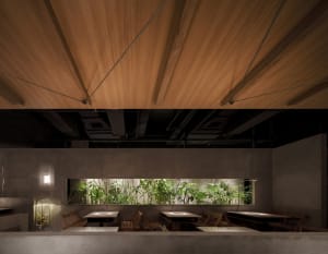 Warm and inviting dining area with wooden tables and chairs, potted plants, and multiple seating options