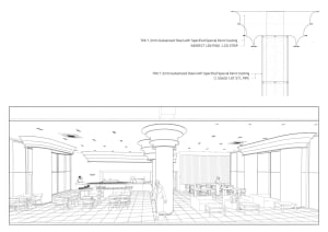 A large room with multiple dining tables, chairs, and benches, suggesting a restaurant or public gathering area