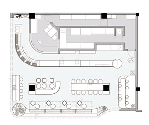 A floor plan of a large interior space with multiple dining tables, chairs, couches, and benches, surrounded by potted plants and featuring a spacious and inviting atmosphere