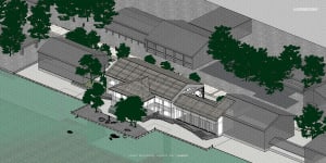 Modern house near water with large windows, smaller windows, and a peaceful atmosphere