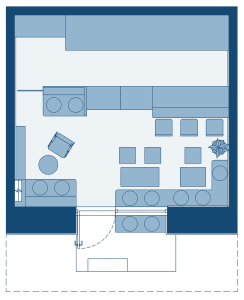 2D floor plan of a modern living space with a kitchen, dining area, and two sinks, featuring neutral tones and a focus on openness and efficient use of space