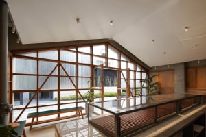 Open living area with modern design, natural light, and minimalistic decoration, featuring a couch, dining table, and potted plants