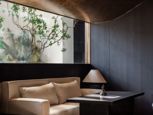 Cozy living space with a white couch, wooden chair, and a potted plant, featuring a dining table in the background