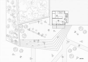 2D floor plan of a modern building with various rooms and spaces, featuring concrete and glass materials, neutral colors, and clean lines