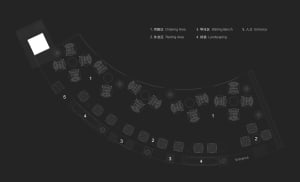 2D park floor plan with benches and chairs arranged throughout the space, suggesting a relaxing atmosphere