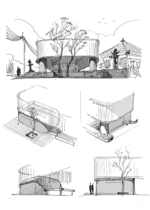 Four modern architectural drawings showcasing a building's layout, dimensions, and features with neutral tones and clean lines