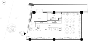 Black and white floor plan of a restaurant with labeled rooms, chairs, and a sink, conveying a sense of organization and functionality