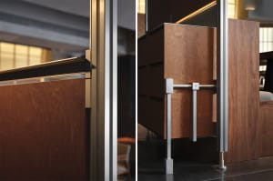 Office space with a wooden cabinet and metal cabinet, brown color, and office chairs