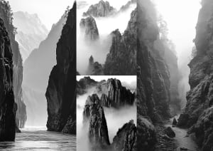 Serene mountain landscape with foggy clouds surrounding the peaks, creating a dramatic atmosphere